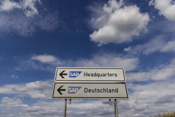 SAP Headquarters and SAP Germany. Traffic sign in Walldorf near the headquarters of the SAP software company. Walldorf Baden-Württemberg, Germany