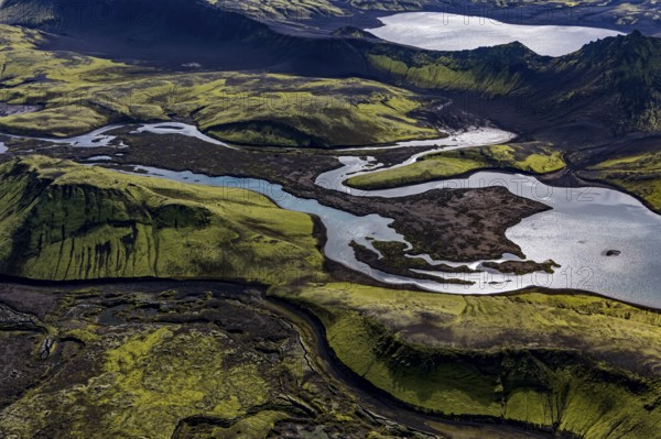 Lakes, river, mountains, mountain landscape, aerial view, sunny, summer, backlight, Langisjör, Icelandic Highlands, Iceland