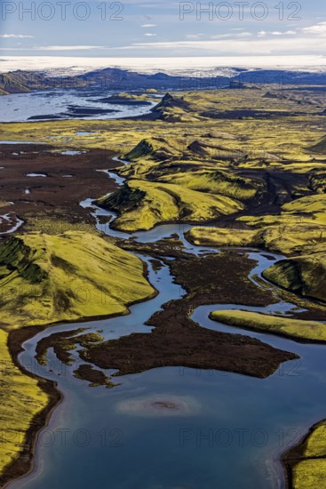 Lakes, river, mountains, mountain landscape, aerial view, sunny, summer, Langisjör, behind Vatnajökull, Icelandic Highlands, Iceland