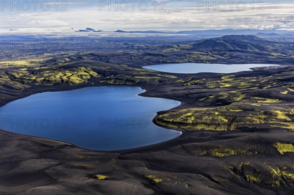 Lakes, mountains, mountain landscape, glacier, aerial view, sunny, summer, Langisjör, behind Vatnajökull, Icelandic Highlands, Iceland