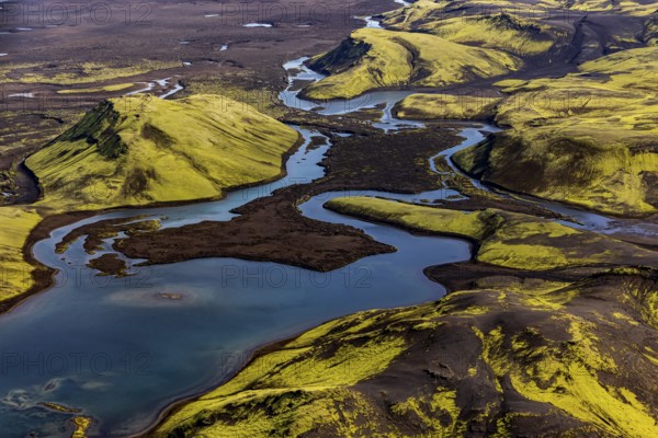 Lakes, river, mountains, mountain landscape, aerial view, sunny, summer, Langisjör, Icelandic Highlands, Iceland