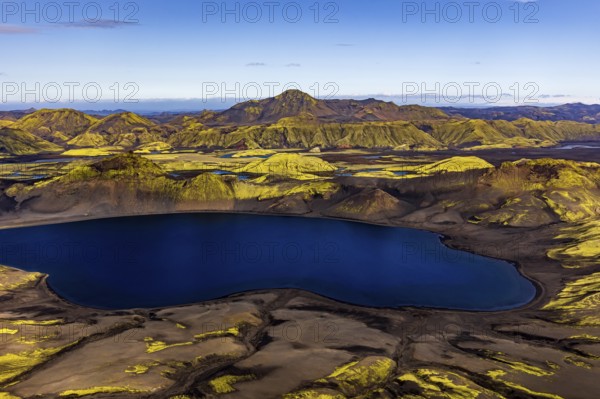 Lake, mountains, mountain landscape, aerial view, sunny, summer, Langisjör, Icelandic Highlands, Iceland