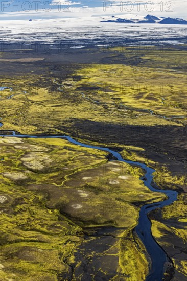 River, mountains, glacier, aerial view, sunny, summer, Icelandic Highlands, Vatnajökull, Iceland