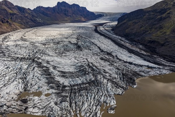 Glacier tongue, glacier edge, glacier, lake, glacier lagoon, aerial view, black ice, climate change, summer, mountains, Skaftafellsjökull, Skaftafell, Vatnajökull National Park, Iceland