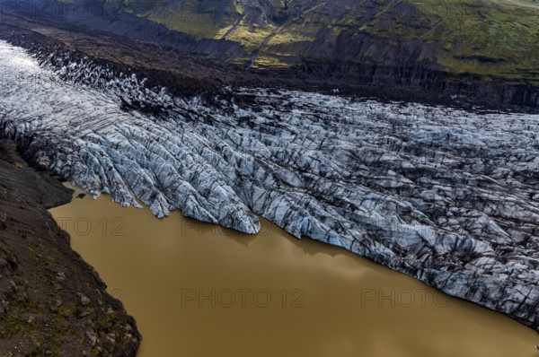 Glacier tongue, glacier edge, glacier, lake, glacier lagoon, aerial view, black ice, climate change, summer, Svinafellsjökull, Skaftafell, Vatnajökull National Park, Iceland