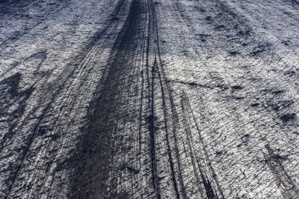Glacier, crevasses, ice, aerial view, black ice, climate change, summer, Skeidararjökull, Skaftafell, Vatnajökull National Park, Iceland