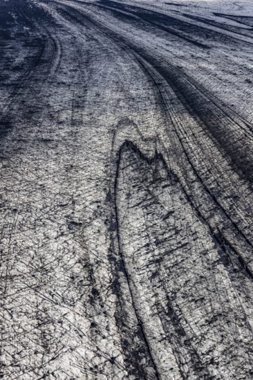 Glacier, crevasses, ice, aerial view, black ice, climate change, summer, Skeidararjökull, Skaftafell, Vatnajökull National Park, Iceland