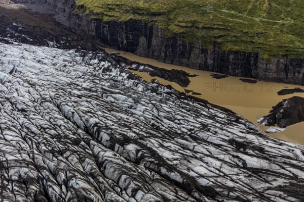Icebergs, ice floes, glacier tongue, glacier edge, glacier, glacier lagoon, aerial view, black ice, climate change, summer, Skeidararjökull, Skaftafell, Vatnajökull National Park, Iceland