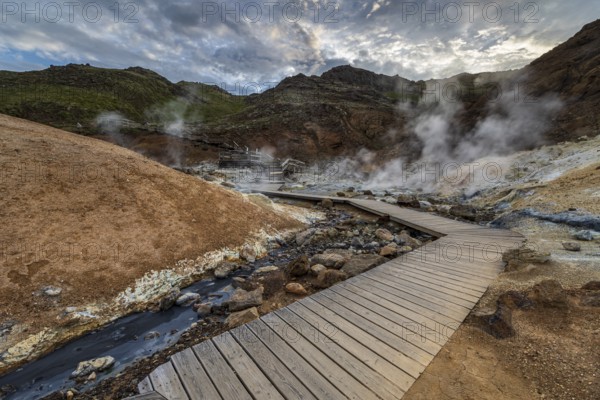 Hot springs, geothermal field, cloudy, evening mood, backlight, summer, Krysuvik, Reykjanes Peninsula, Iceland