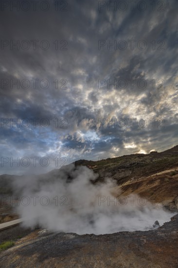 Hot springs, geothermal field, cloudy, evening mood, backlight, summer, Krysuvik, Reykjanes Peninsula, Iceland
