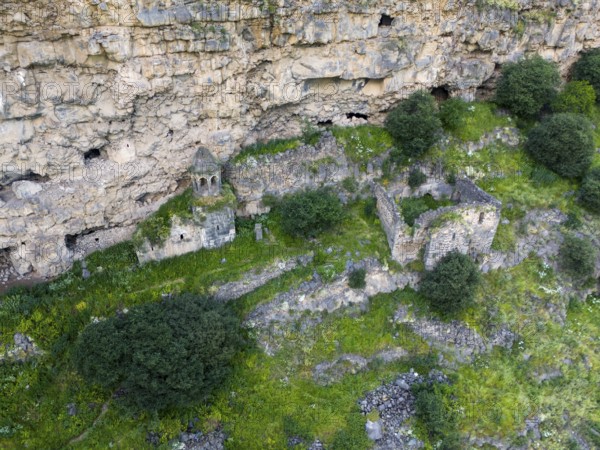 Ancient ruins amidst green vegetation on a rock face, aerial view, Horomayr Monastery, Odsun, Odzun, Debed Gorge, Lorikeet Province, Armenia