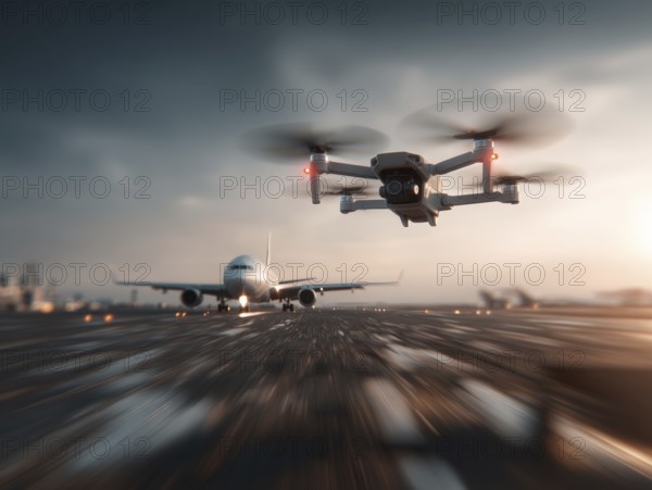 Ein Quadrocopter, Drohne, droht mit einem startenden Verkehrsflugzeug zu kollidieren, während ein Fernpilot das Fluggerät illegal über einer Startbahn eines Flughafens bewegt. Symbolbild für illegaler Drohnenbetrieb in der Flugverbotszone, Missachtung von Flugverbotszonen Kontrollierter Luftraum, Flugverbot, Betriebsverbot, gefährlicher Eingriff in den Luftverkehr, Flugverkehr, Luftfahrtrecht, AI generiert, AI generated