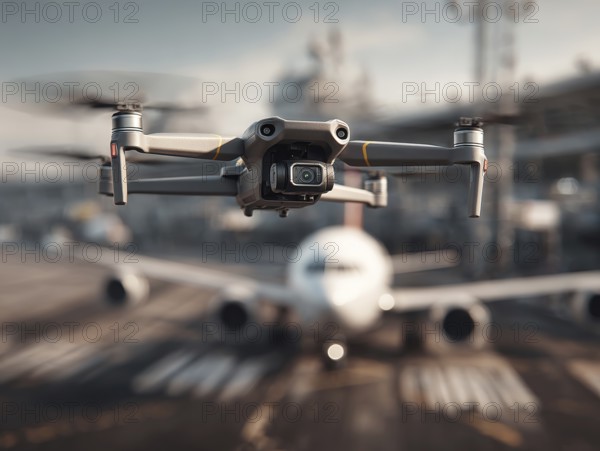 Ein Fernpilot steuert sein Quadrocopter, Drohne illegal über eine Rollbahn von einem Flughafen. Symbolbild für illegaler Drohnenbetrieb in der Flugverbotszone, Missachtung von Flugverbotszonen Kontrollierter Luftraum, Flugverbot, Betriebsverbot, gefährlicher Eingriff in den Luftverkehr, Flugverkehr, Luftfahrtrecht, AI generiert, AI generated