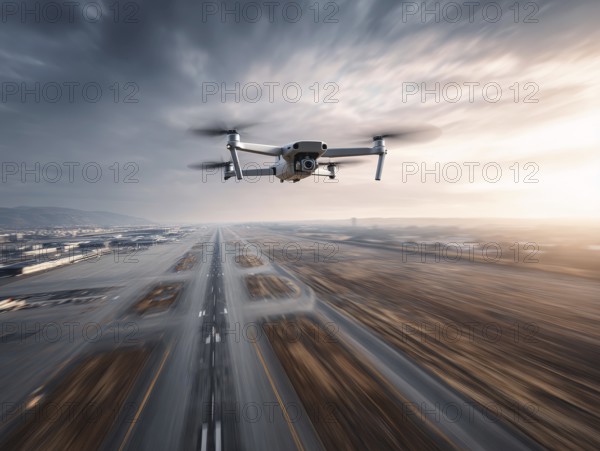 Ein Fernpilot steuert sein Quadrocopter, Drohne illegal über eine Startbahn von einem Flughafen. Symbolbild für illegaler Drohnenbetrieb in der Flugverbotszone, Missachtung von Flugverbotszonen Kontrollierter Luftraum, Flugverbot, Betriebsverbot, gefährlicher Eingriff in den Luftverkehr, Flugverkehr, Luftfahrtrecht, AI generiert, AI generated