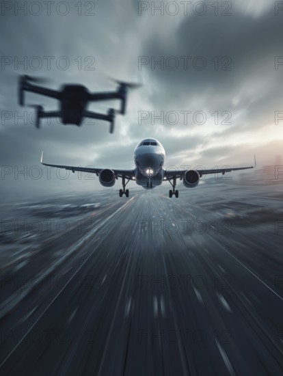 Ein Quadrocopter, Drohne, droht mit einem startenden Verkehrsflugzeug zu kollidieren, während ein Fernpilot das Fluggerät illegal über einer Startbahn eines Flughafens bewegt. Symbolbild für illegaler Drohnenbetrieb in der Flugverbotszone, Missachtung von Flugverbotszonen Kontrollierter Luftraum, Flugverbot, Betriebsverbot, gefährlicher Eingriff in den Luftverkehr, Flugverkehr, Luftfahrtrecht, AI generiert, AI generated