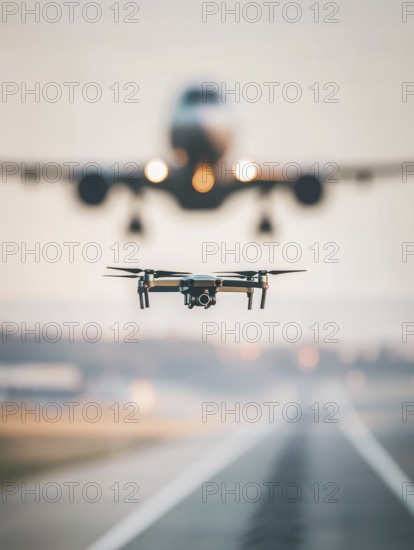 Ein Quadrocopter, Drohne, droht mit einem landenden Verkehrsflugzeug zu kollidieren, während ein Fernpilot das Fluggerät illegal über einer Startbahn eines Flughafens bewegt. Symbolbild für illegaler Drohnenbetrieb in der Flugverbotszone, Missachtung von Flugverbotszonen Kontrollierter Luftraum, Flugverbot, Betriebsverbot, gefährlicher Eingriff in den Luftverkehr, Flugverkehr, Luftfahrtrecht, AI generiert, AI generated