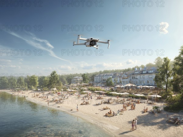 Ein Fernpilot steuert sein Quadrocopter, Drohne über einen dicht besetzten Badestrand, um illegale Videoaufnahmen oder Fotos zu erstellen, Symbolbild für unbefugtes Fotografieren von Personen, innerhalb eines geschützten, abgeschirmten Bereiches, Verletzung der Privatsphäre, Persönlichkeitsrechte, Missachtung von Flugverbotszonen, Flugverbot über Menschenmengen, Versammlungen, Datenschutz, AI generated