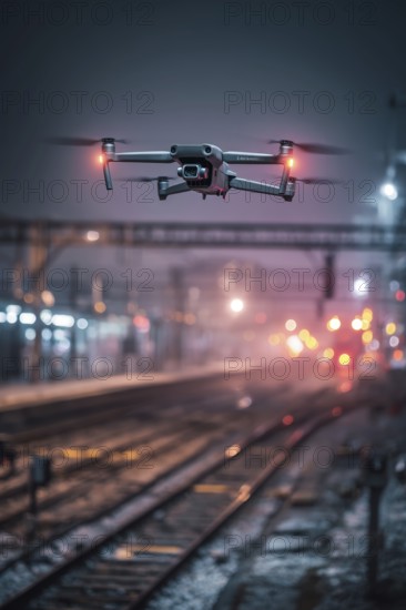 Ein Fernpilot steuert sein Quadrocopter, Drohne illegal über Bahnhofsgelände, Bahngelände, Bahnschienen, Symbolbild für illegaler Drohnenbetrieb über Bahnanlagen, kritische Infrastruktur, Kontrollierter Luftraum, Flugverbot, Betriebsverbot, gefährlicher Eingriff in den Bahnverkehr, AI generiert, AI generated