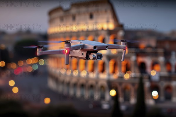 Ein Fernpilot steuert sein Quadrocopter, Drohne illegal über dichtbesiedeltes Stadtgebiet an einem touristischem Hotspot mit vielen Menschen, Symbolbild für illegaler Drohnenbetrieb über Menschenmengen, kritische Infrastruktur, Flugverbot, Betriebsverbot, Persönlichkeitsrechte, Eigentumsrechte, Urheberrechte, AI generiert, AI generated