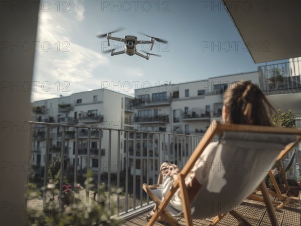 Ein Fernpilot steuert sein Quadrocopter, Drohne in einem dicht besiedeltem Wohngebiet und nähert sich sehr nahe an eine Person auf einer Terrasse um illegale Videoaufnahmen oder Fotos zu erstellen, Symbolbild für unbefugtes Fotografieren von Personen, innerhalb eines geschützten Bereiches, Verletzung der Privatsphäre, Persönlichkeitsrechte, Missachtung von Flugverbotszonen, Datenschutz, AI generiert, AI generated