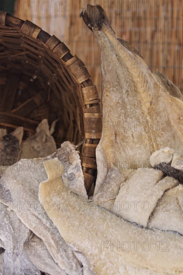 Dried fish, stockfish, weekly market market, farmers' market, Asciano, Crete Senesi, Tuscany, Italy