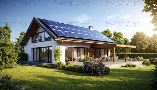 Residential house with solar panels on the roof, beautiful sunrise, AI generated