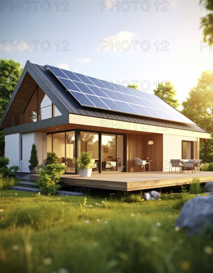 Residential house with solar panels on the roof, beautiful sunrise, AI generated