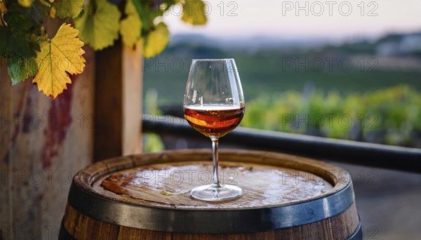 Glass of 10-year-old tawny wine placed on a barrel in a vineyard restaurant, AI generated
