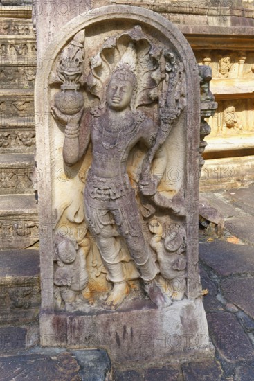 Guard stones or muragalas at the entrance of Vatadage circular temple, Polonnaruwa ruins of the garden-city created by Parakramabahu the Great in the 12th century, Polonnaruwa, Sri Lanka
