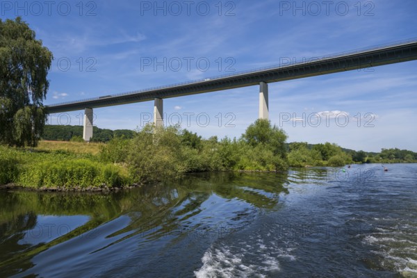 Motorway bridge A 52 over the Ruhr, from below, Mülheim an der Ruhr, Rurgebiet, North Rhine-Westphalia, Germany