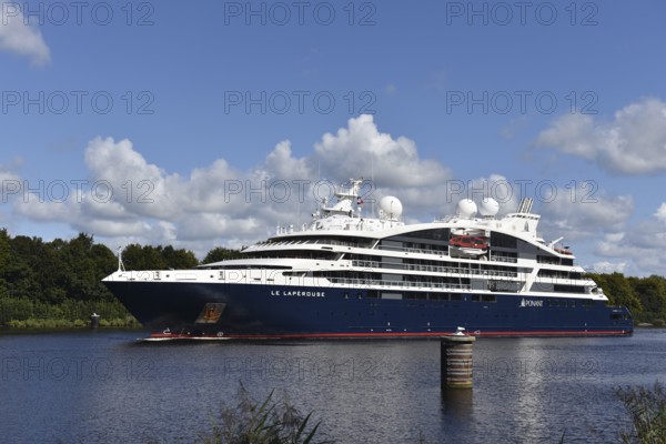 Luxury cruise ship LE LAPEROUSE sails through the Kiel Canal, Kiel Canal, Kiel Canal, Schleswig-Holstein, Germany
