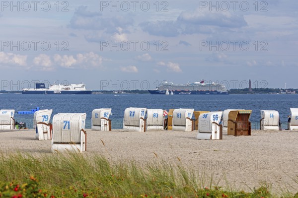Cruise ship Mein Schiff 7, DFDS ferry, Laboe naval memorial, Kiel Fjord, beach chairs on the beach at Strande, Schleswig-Holstein, Germany