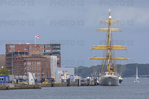 Sailing training ship Gorch Fock moored in the harbour, Kiel, Schleswig-Holstein, Germany