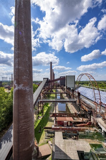 The Zollverein coking plant, backdrop to the once largest central coking plant in Europe, closed in 1993, part of the Zollverein Coal Mine Industrial Complex UNESCO World Heritage Site, Essen, North Rhine-Westphalia, Germany