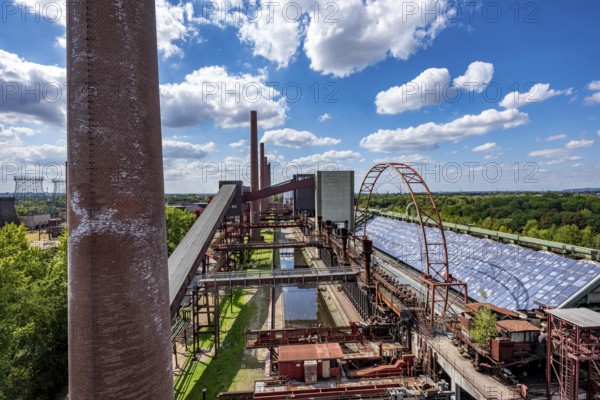 The Zollverein coking plant, backdrop to the once largest central coking plant in Europe, closed in 1993, part of the Zollverein Coal Mine Industrial Complex UNESCO World Heritage Site, Essen, North Rhine-Westphalia, Germany