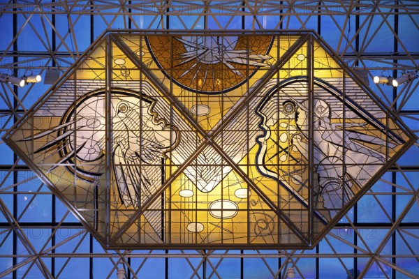 Stained glass artwork entitled Icarus, one of two glass artworks by Leifur Breidfjörd at Keflavik Airport, Reykjanesskagi, Iceland