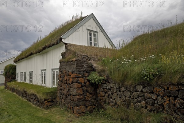 Grass sod house settlement Grenjadarstadur with church, Thingeyjarsveit municipality, North Iceland, Iceland