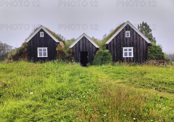 Nyibær, a medium-sized farmhouse with a sod roof, now a museum, Holar, Iceland