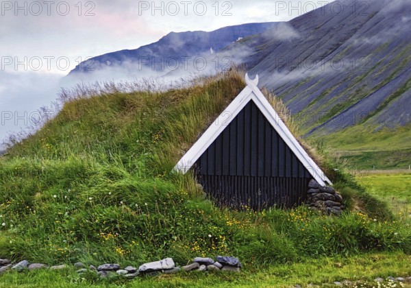 Traditional wooden hut with sod roof, Reykjadiskur, Iceland