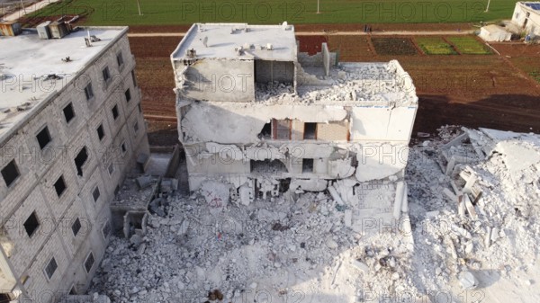 An aerial view shows the destruction of homes caused by the powerful earthquake that struck Turkey and Syria, killing tens of thousands. Aleppo, Syria – Feb 6, 2023, aleppo, syria