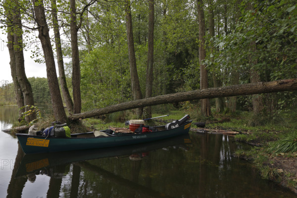 Canoe by nature photographers in Drosedower Bek, Müritz National Park, Mecklenburg-Western Pomerania, Germany