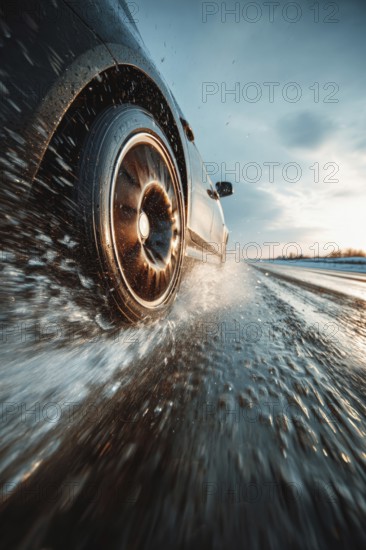 Car drives fast on a wet road, motorway, motorway and generates splash water, risk of accident due to aquaplaning, dynamic scene at sunset. AI generated, AI generated