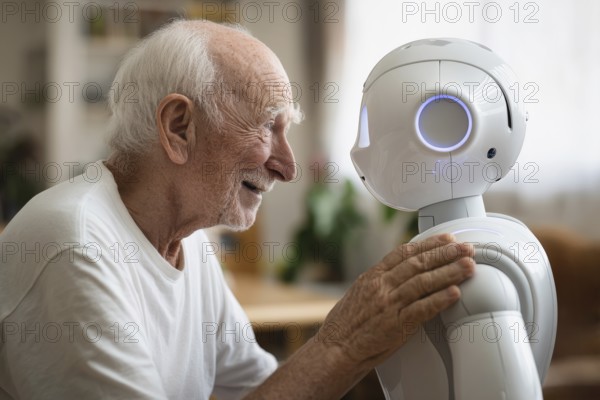 An elderly man in a nursing home smiles and communicates with a humanoid robot, carer robot, symbol of loneliness, social isolation in old age, AI generated, AI generated