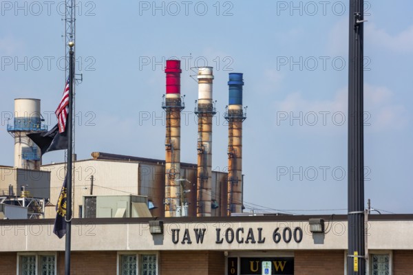 Dearborn, Michigan - The United Auto Workers Local 600 union hall. Local 600 represents workers at the nearby Ford Rouge complex. The smokestacks are at the Dearborn Industrial Generation facility, which makes steam for the Rouge complex and electricity