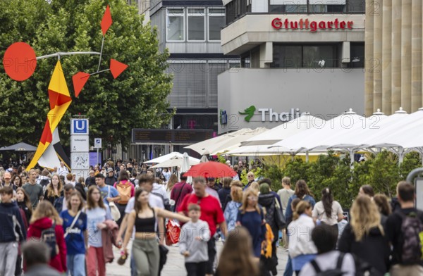 Crowd on the way in the shopping street. Königstraße pedestrian zone in Stuttgart, Baden-Württemberg, Germany