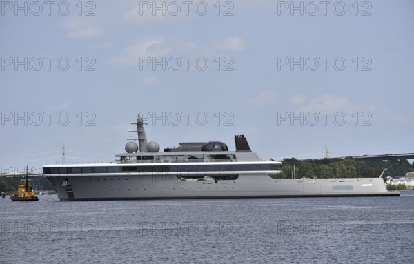 The new superyacht COSMOS leaves the Lürssen shipyard near Rendsburg for the Kiel Canal, Kielkanal, Kiel Canal, Schleswig-Holstein, Germany