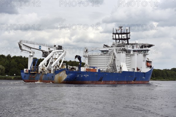 Cable carrier, sea cable carrier, ship, vessel, specialised ship, NKT VICTORIA sails in the Kiel Canal, NOK, Kiel Canal, Kiel Canal, Schleswig-Holstein, Germany