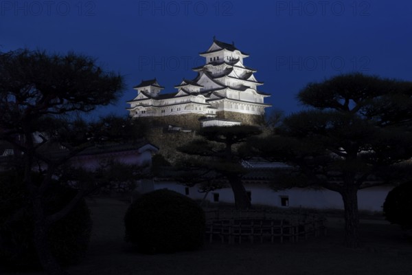 Himeji Castle in blue hour, dusk, illuminated, Himeji, Hyogo Prefecture, Japan
