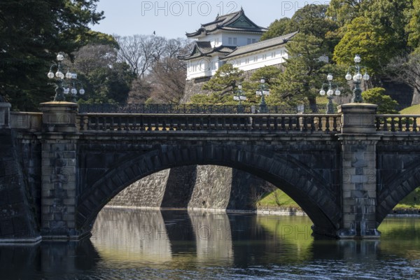 Tokyo Imperial Palace behind bridge, Kokyogaien National Garden, Chiyoda, Tokyo Prefecture, Tokyo, Japan