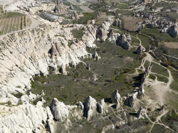 Aerial view of rocky valleys and formations in the Cappadocia region, aerial view, Love Valley, Göreme National Park, Göreme Tarihî Millî Parki, Nevsehir Province, Nevsehir, Cappadocia, Cappadocia, Cappadocia, Cappadocia, Central Anatolia, Turkey